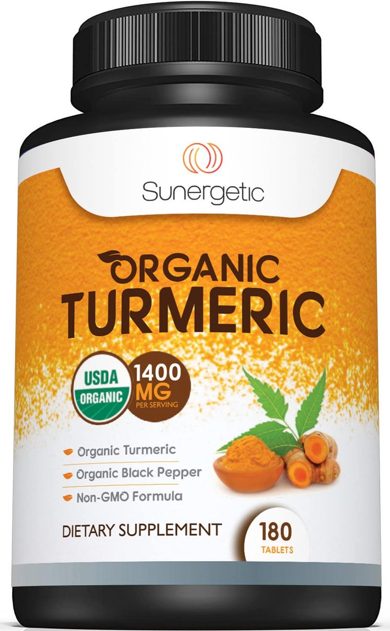 Sunergetic USDA Certified Organic Turmeric Supplement Includes Organic Turmeric Organic Black Pepper 1400mg of Turmeric per Serving 180 Count Pack of 1